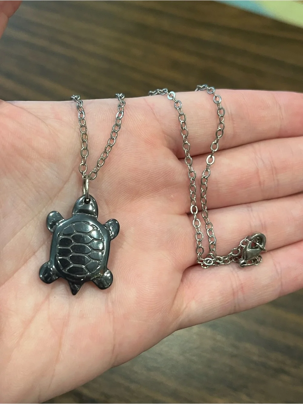 Hematite Turtle Pendant on Silver Tone Chain Necklace